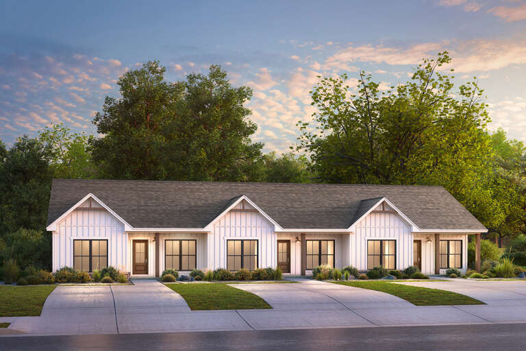 House Plan House Plan #33616 Angled Front Elevation at Dusk