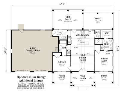 Main Floor w/ Optional 2 Car Garage: 2BR, 2BA, Vltd Kitchen/Family, Ldry, Ptry, WIC, 4 Porches. Unheated: Garage/Porches. House Plan # 009-00453 Main Floor w/ Optional 2 Car Garage Floor Plan Drawing by America's Best House Plans, Inc.