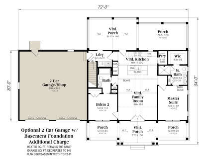 2BR, 2BA, Vltd Family, Vltd Kitchen, Ldry, WIC, 2-car garage, stairs, 4 porches (3 Vltd). Basement Foundation. House Plan # 009-00453 Basement Foundation w/ Optional 2 Car Garage Floor Plan Drawing by America's Best House Plans, Inc.