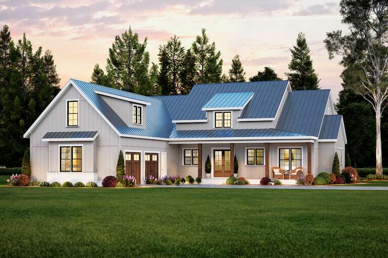House Plan House Plan #33631 Angled Front Elevation at Dusk