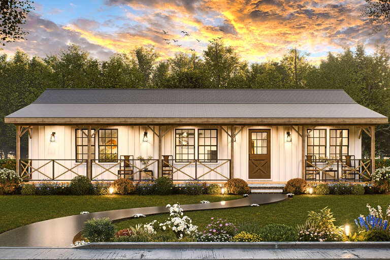 House Plan House Plan #33635 Front Elevation at Dusk