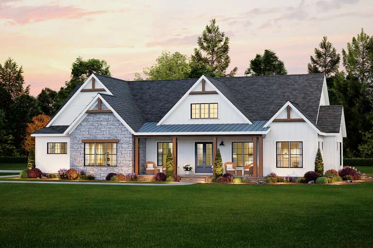 House Plan House Plan #33643 Angled Front Elevation at Dusk