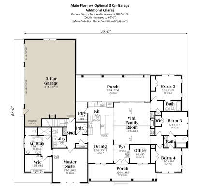 Main floor with 3-car garage, 3 beds, 2.5 baths, open kitchen, family room, office, mudroom, and covered porches. House Plan # 009-00455 Main Floor w/ Optional 3 Car Garage Floor Plan Drawing by America's Best House Plans, Inc.