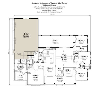 Basement foundation with 3-car garage, 3 beds, 2.5 baths, open kitchen, family room, office, and covered porches. House Plan # 009-00455 Basement Foundation w/ Optional 3 Car Garage Floor Plan Drawing by America's Best House Plans, Inc.