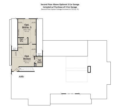 Second floor above 3-car garage with optional bonus room, 1 bed, 1 bath, and attic space. House Plan # 009-00455 Second Floor Above Optional 3 Car Garage Floor Plan Drawing by America's Best House Plans, Inc.