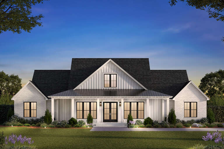 House Plan House Plan #33670 Front Elevation at Dusk