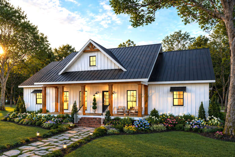 House Plan House Plan #33673 Angled Front Elevation at Dusk