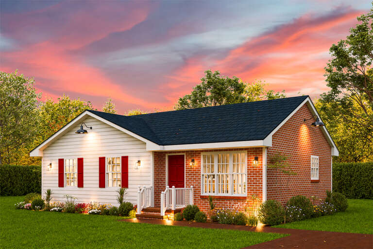 House Plan House Plan #33695 Angled Front Elevation at Dusk