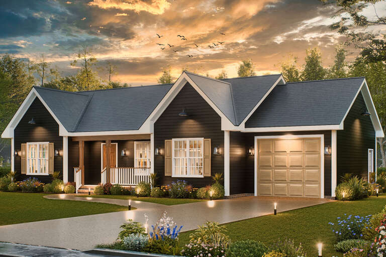 House Plan House Plan #33713 Angled Front Elevation at Dusk