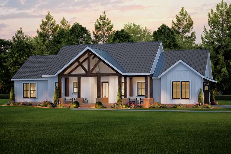 House Plan House Plan #33725 Angled Front Elevation at Dusk