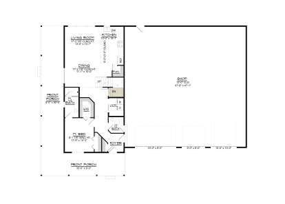 Main Floor w/ Basement Stairs: 1BR, 1.5BA, Living, Dining, Kitchen, Ldry, WIC, Shop, 3 garage doors, 2 Front Porches. House Plan # 5032-00369 Main Floor w/ Basement Stairs Location Floor Plan Drawing by America's Best House Plans, Inc.