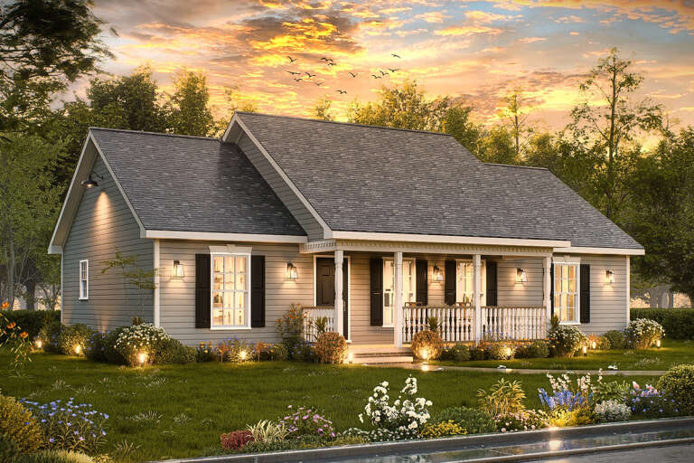 House Plan House Plan #33729 Angled Front Elevation at Dusk