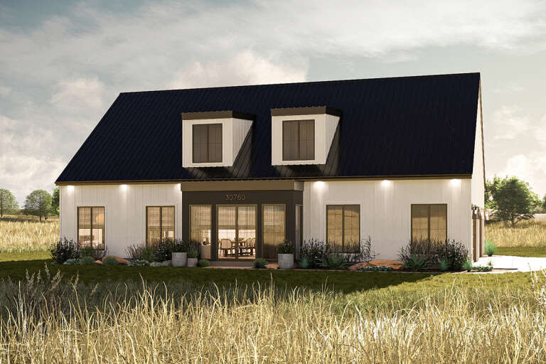 House Plan House Plan #33740 Angled Front Elevation at Dusk
