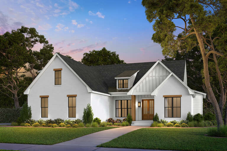 House Plan House Plan #33762 Angled Front Elevation at Dusk