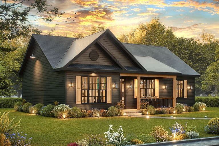 House Plan House Plan #33766 Angled Front Elevation at Dusk