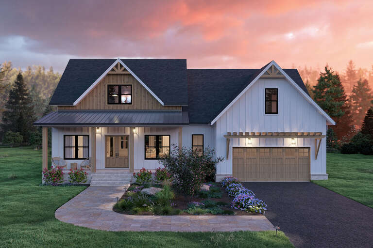House Plan House Plan #33794 Front Elevation at Dusk