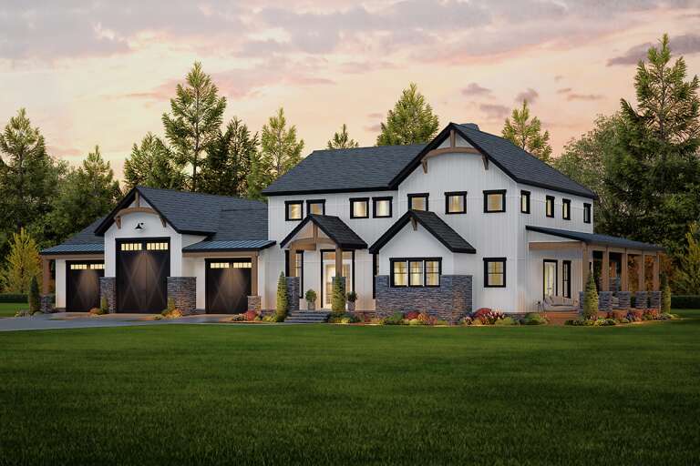House Plan House Plan #33798 Angled Front Elevation at Dusk