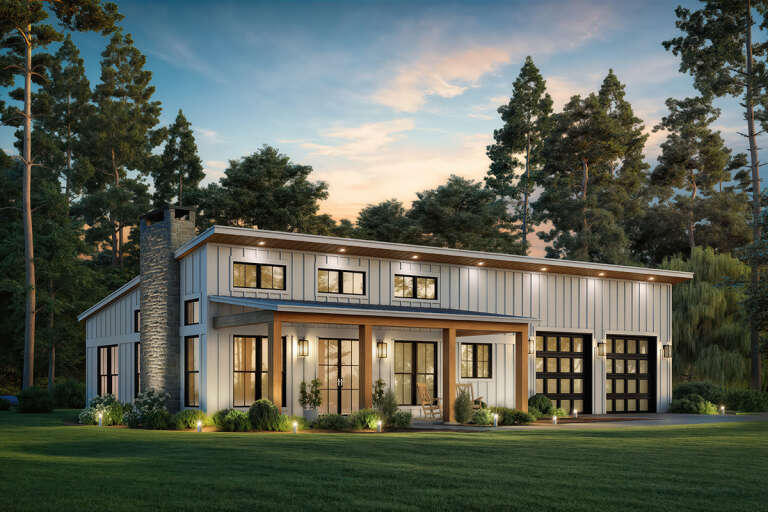 House Plan House Plan #33818 Angled Front Elevation at Dusk