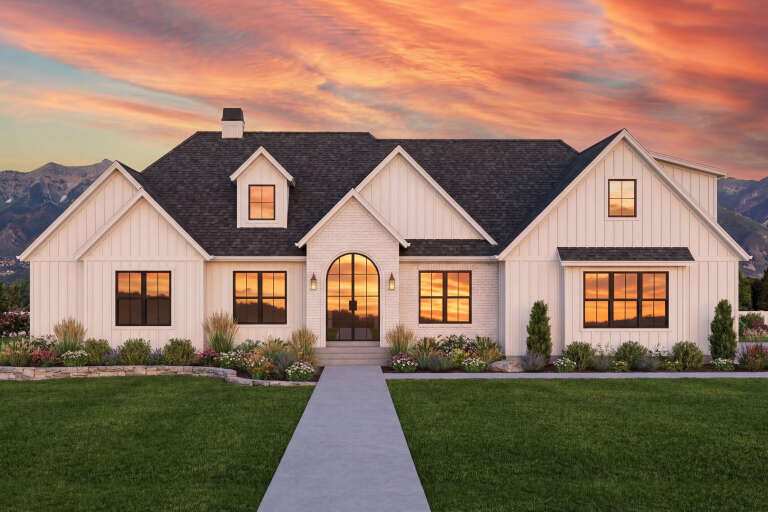 House Plan House Plan #33826 Front Elevation at Dusk