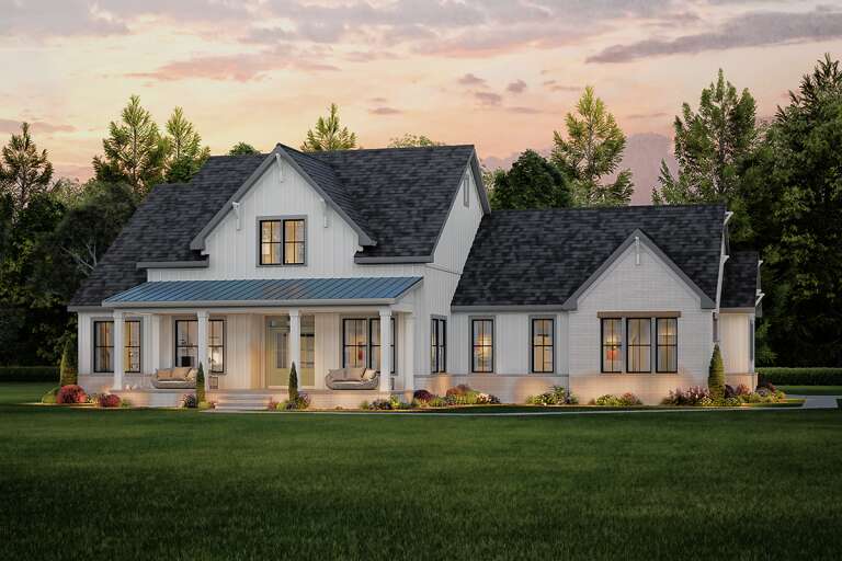 House Plan House Plan #33836 Angled Front Elevation at Dusk