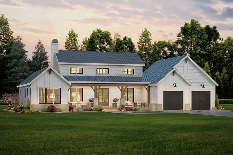 House Plan House Plan #33837 Angled Front Elevation at Dusk