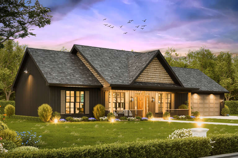 House Plan House Plan #33854 Angled Front Elevation at Dusk