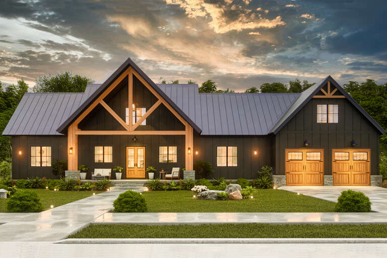 House Plan House Plan #33863 Front Elevation at Dusk