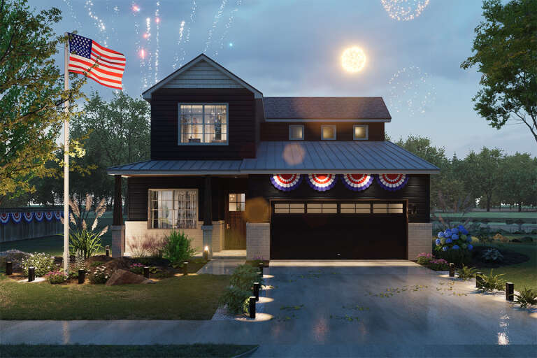 House Plan House Plan #33880 Front Elevation at Dusk