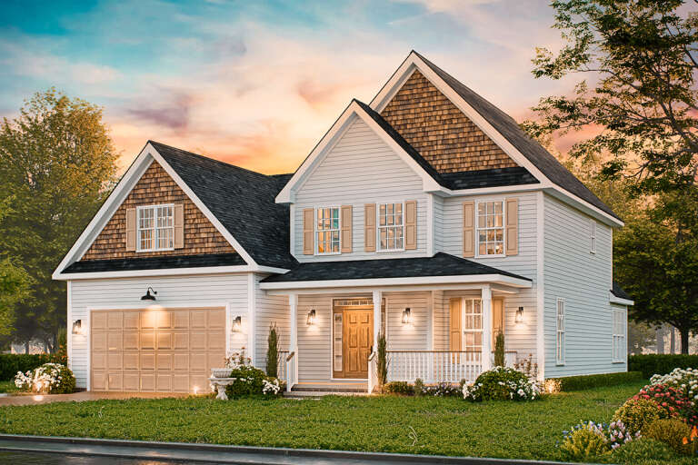 House Plan House Plan #33885 Angled Front Elevation at Dusk