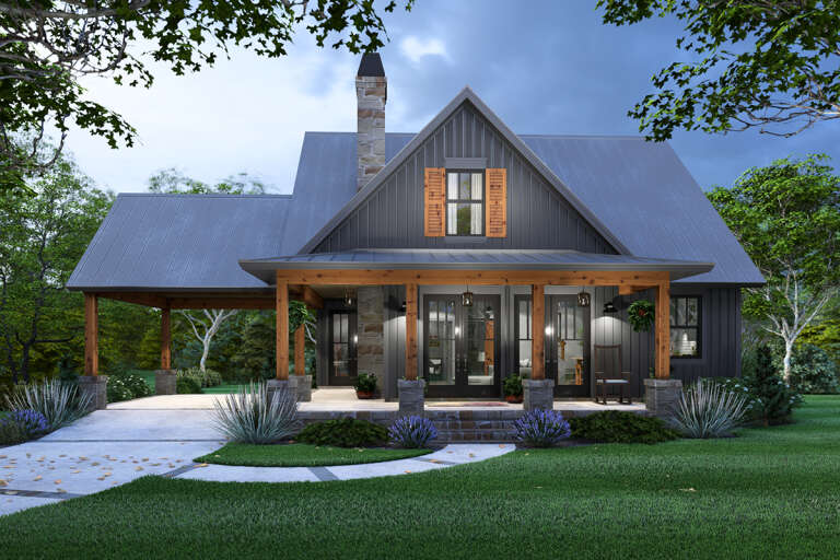 House Plan House Plan #33887 Front Elevation at Dusk