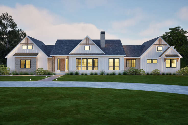 House Plan House Plan #33888 Front Elevation at Dusk