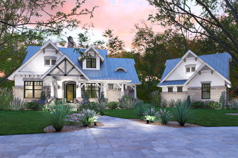 House Plan House Plan #33907 Angled Front Elevation at Dusk