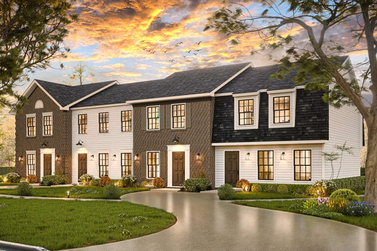 House Plan House Plan #33914 Angled Front Elevation at Dusk
