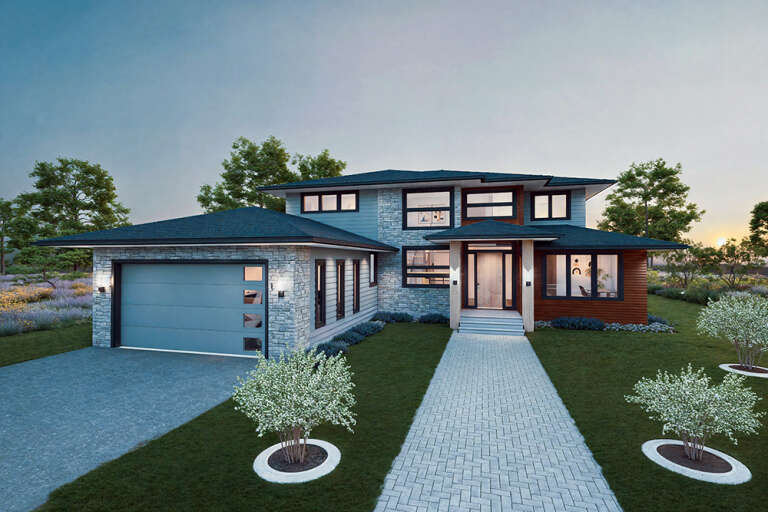 House Plan House Plan #33928 Angled Front Elevation at Dusk
