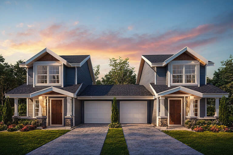 House Plan House Plan #33948 Front Elevation at Dusk