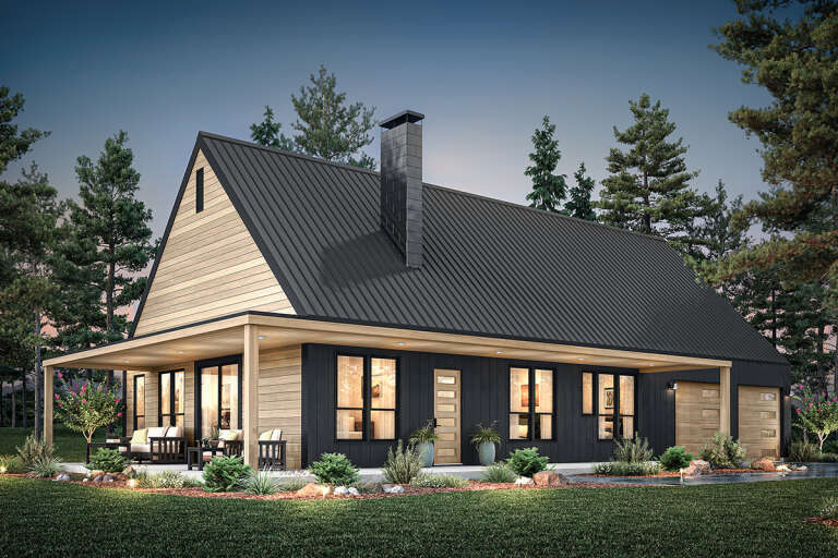 House Plan House Plan #33955 Angled Front Elevation at Dusk
