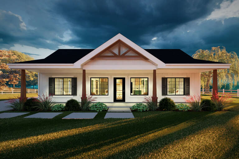 House Plan House Plan #33966 Front Elevation at Dusk
