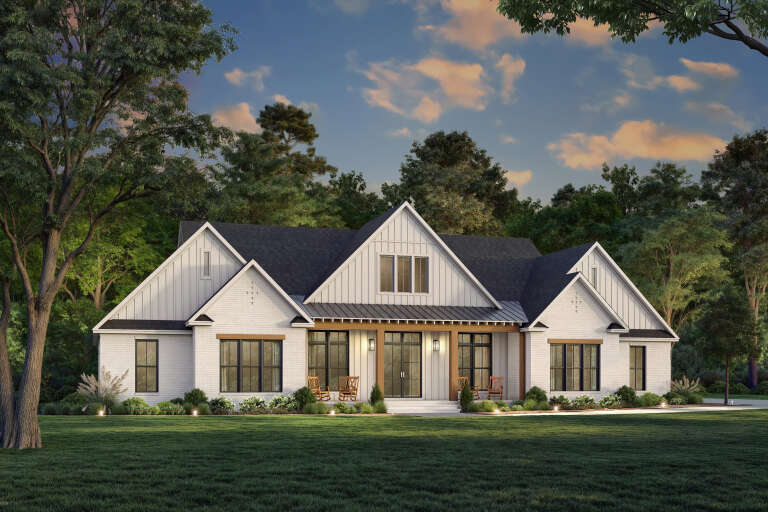 House Plan House Plan #33972 Angled Front Elevation at Dusk
