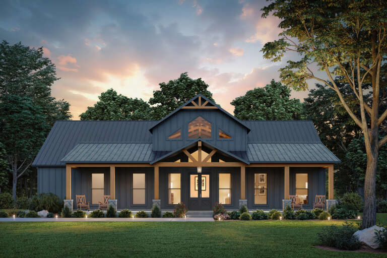House Plan House Plan #33984 Front Elevation at Dusk