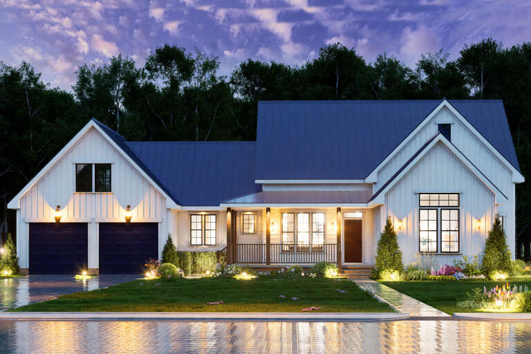 House Plan House Plan #33993 Front Elevation at Dusk