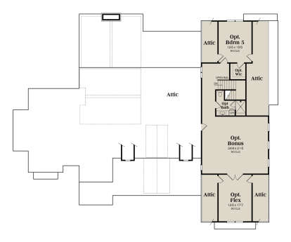 Optional upper level with bedroom, bath, bonus room, flex space, and attic storage. House Plan # 009-00463 Optional Second Floor Floor Plan Drawing by America's Best House Plans, Inc.
