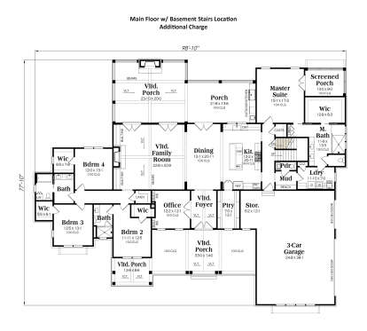 Main level layout featuring 4BR, 3.5BA, open living areas, 3-car garage, multiple porches, and basement stair location. House Plan # 009-00463 Main Floor w/ Basement Stair Location Floor Plan Drawing by America's Best House Plans, Inc.