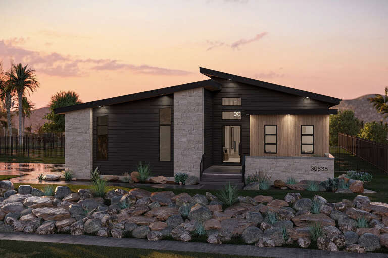 House Plan House Plan #34029 Front Elevation at Dusk