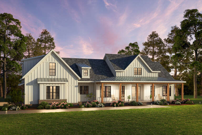 House Plan House Plan #34030 Angled Front Elevation at Dusk