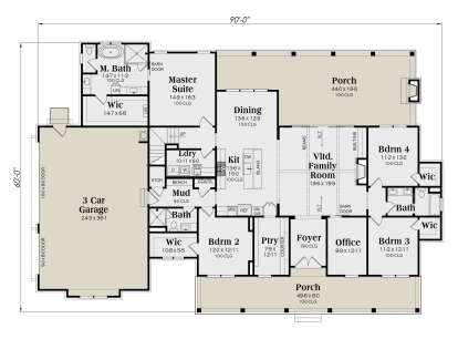 Main floor with 4BR, 3BA, kitchen, dining, vaulted family room, office, 3-car garage, and covered porches. House Plan # 009-00464 Main Floor Floor Plan Drawing by America's Best House Plans, Inc.