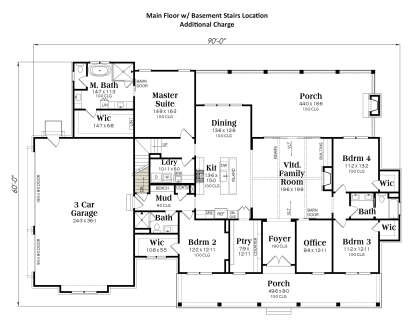 Main floor with basement stairs, 4BR, 3BA, kitchen, dining, vaulted family room, office, and 3-car garage. House Plan # 009-00464 Main Floor w/ Basement Stairs Location Floor Plan Drawing by America's Best House Plans, Inc.