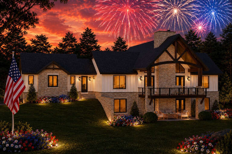 White Craftsman, Angled Front Elevation with fireworks, stone siding, timber trusses, lit porch, and floral landscaping. House Plan # 940-01344 Digital Rendering by America's Best House Plans, Inc.