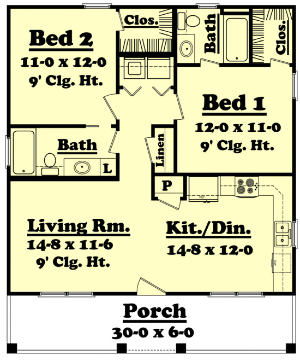 Country Plan 900 Square Feet, 2 Bedrooms, 2 Bathrooms