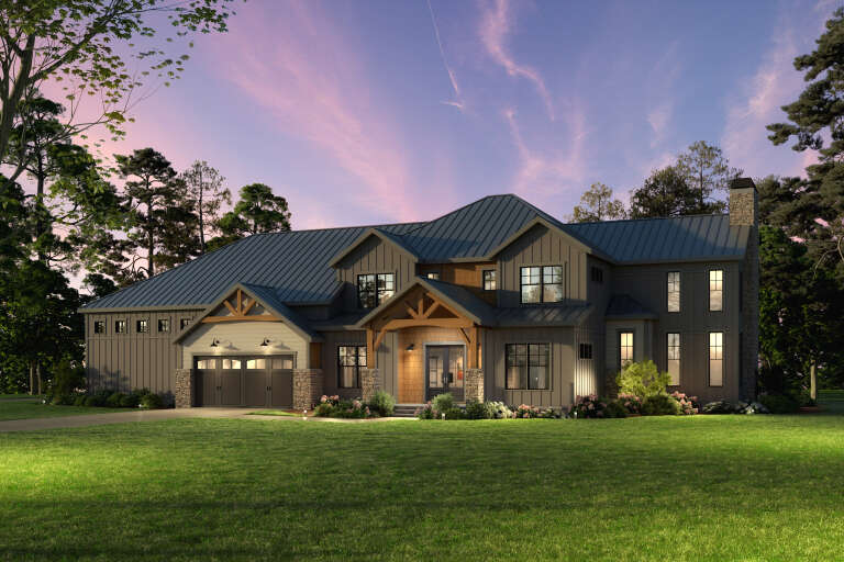 House Plan House Plan #34098 Angled Front Elevation at Dusk