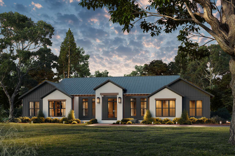 House Plan House Plan #34104 Angled Front Elevation at Dusk